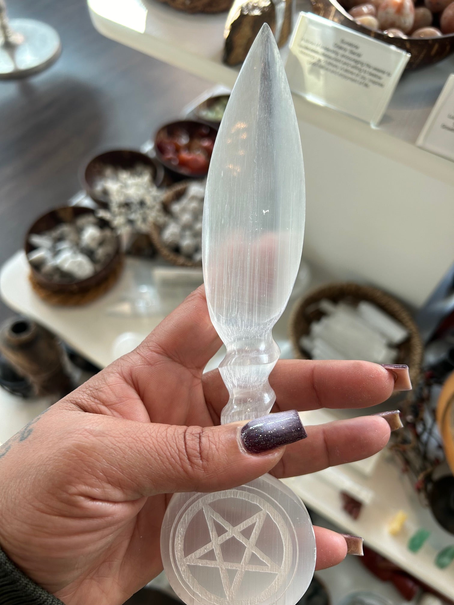 Carved Selenite Knife with a Pentagram